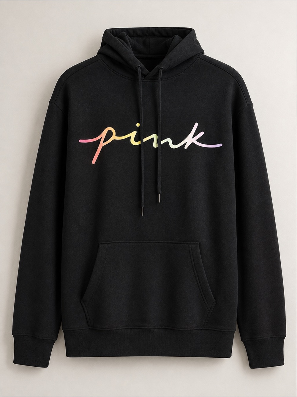 PINK Victoria's Secret Black Hoodie with Pastel Gradient Script